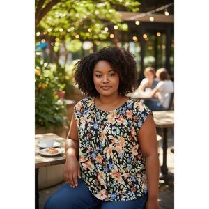 LC Lauren Conrad Women Pleat Neck Blouse Plus Size XXL Black Multicolor Floral